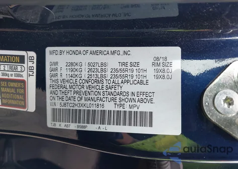 2019 Acura Rdx Standard z USA, uszkodzony, nr VIN 5J8TC2H3XKL011816